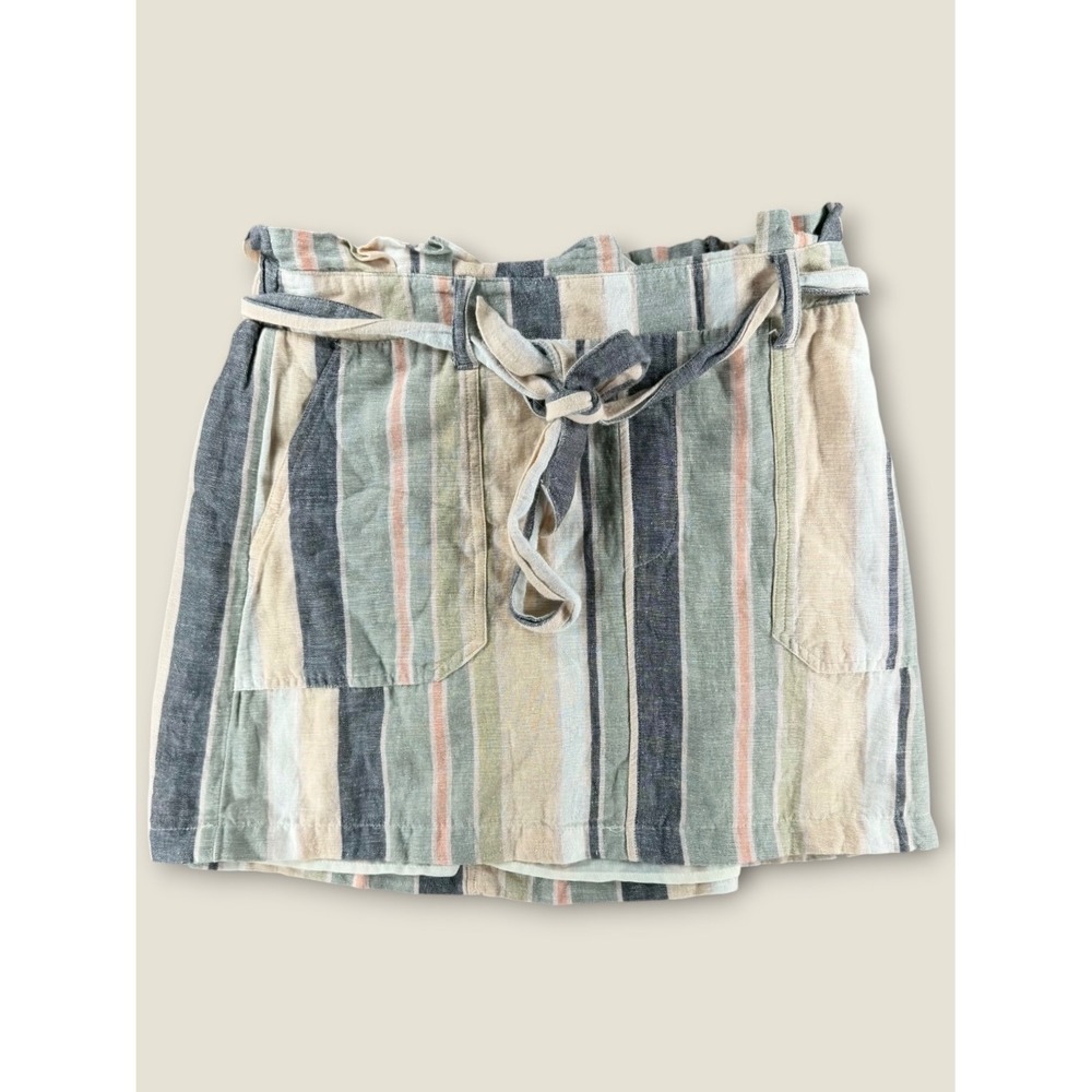 American Eagle Striped Paperbag Waist Mini Skirt Cotton Linen Blend Green Navy M